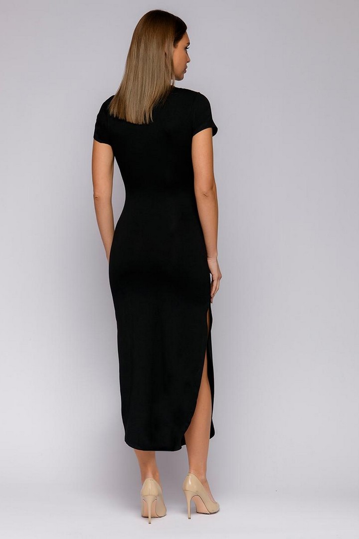 Фото товара 21917, модное черное платье с воротником стойка
